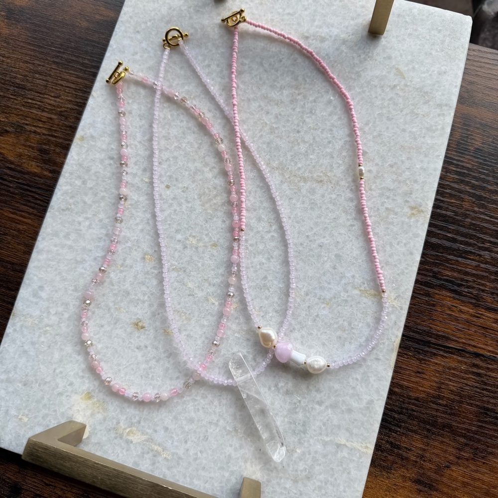 Rose Quartz, Freshwater Pearl & Clear Quartz Necklace Trio 3 Piece Set - Picture 2 of 5